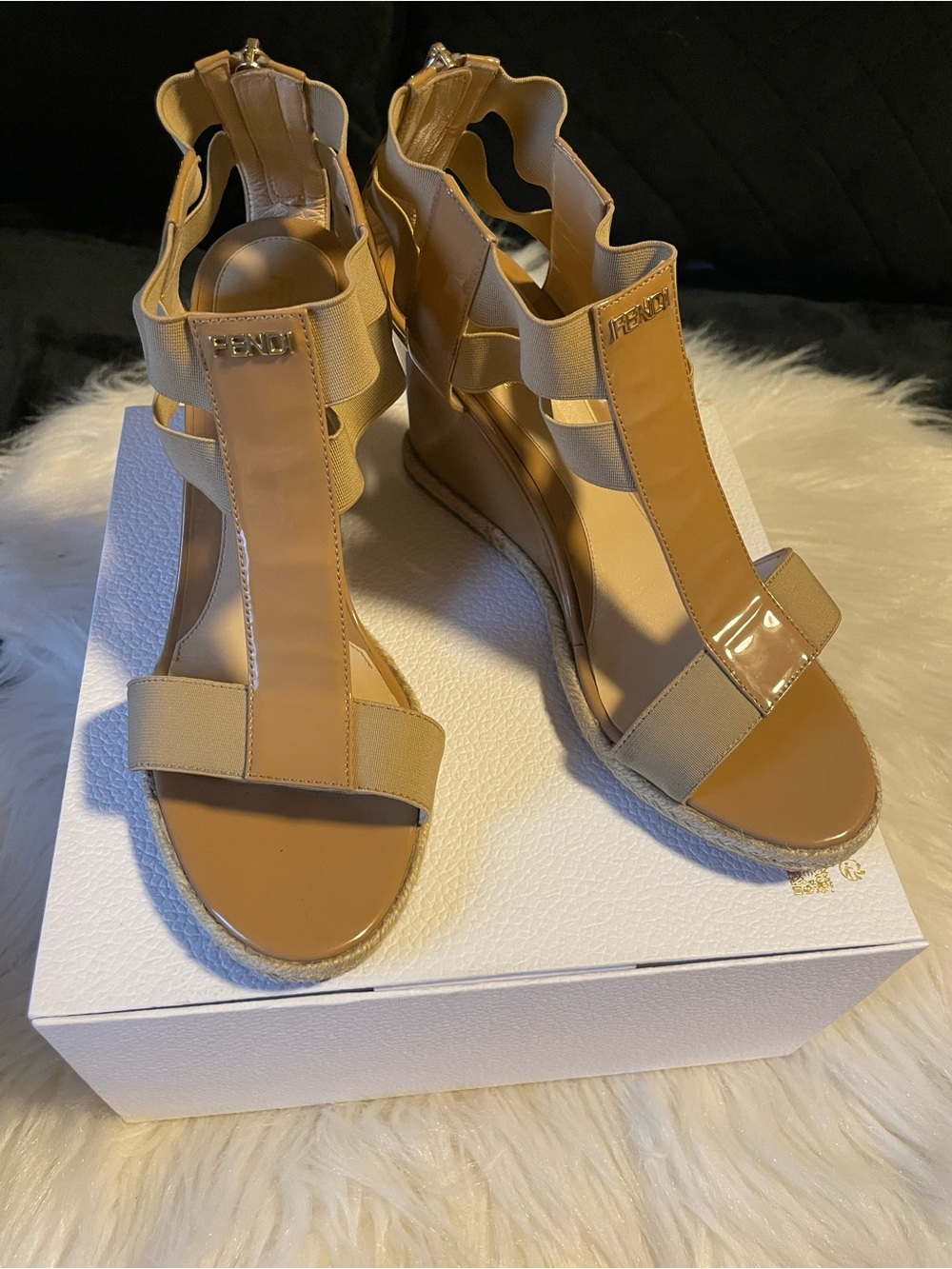 Fendi Beige Patent & Elastic Wedge Sandals Made in Italy 🇮🇹 Size 37.5